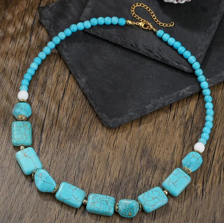 Available Necklace for Women Natural Turquoise Beaded Jewelry Double Teardrop Pendant Turquoise Beautiful Elegant Necklace