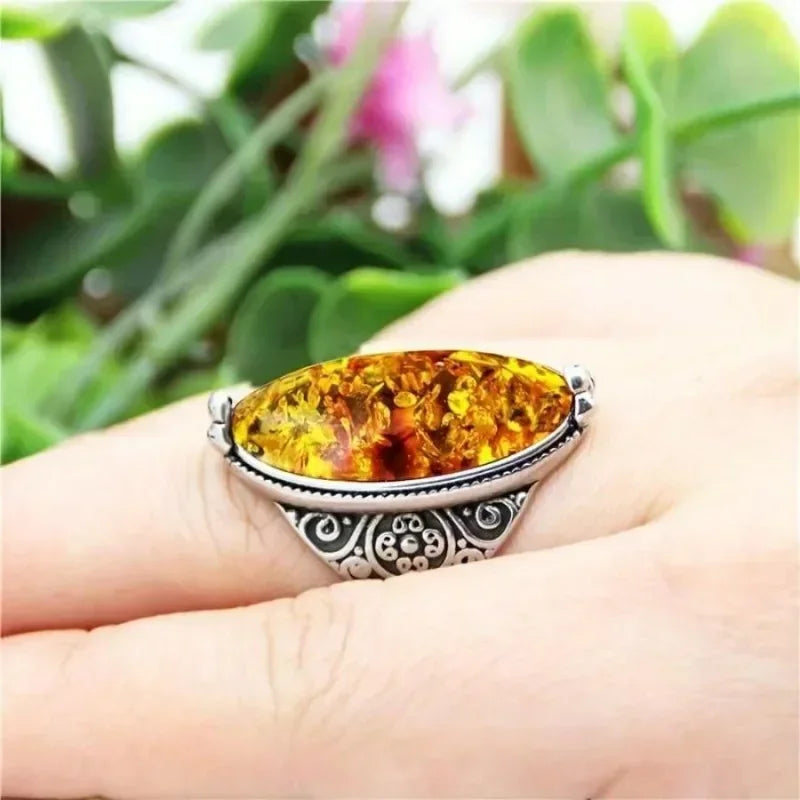 European and American Creative Retro Imitation Amber Ring Bohemian Ethnic Style Ancient Silver Carved Men's Ring