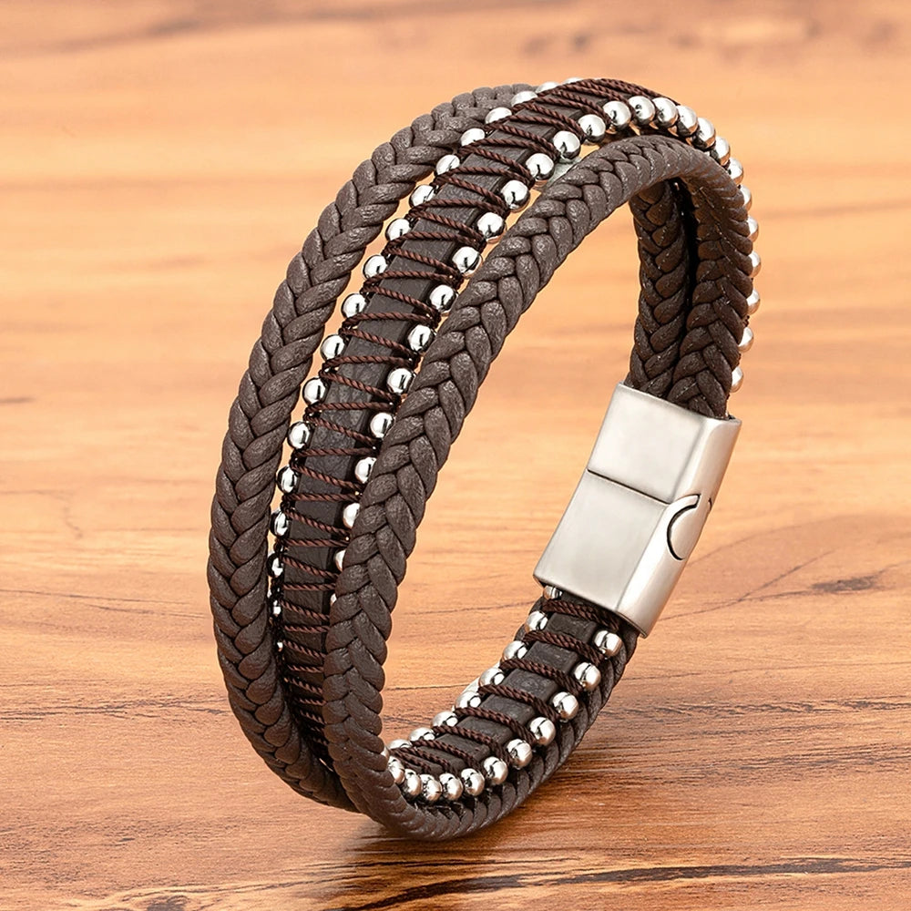 XQNI Stainless Steel Leather Bracelet For Mens Chain Charm Jewelry Magnetic Clasp Bangle for Dad Boyfriend Lover Birthday Gifts