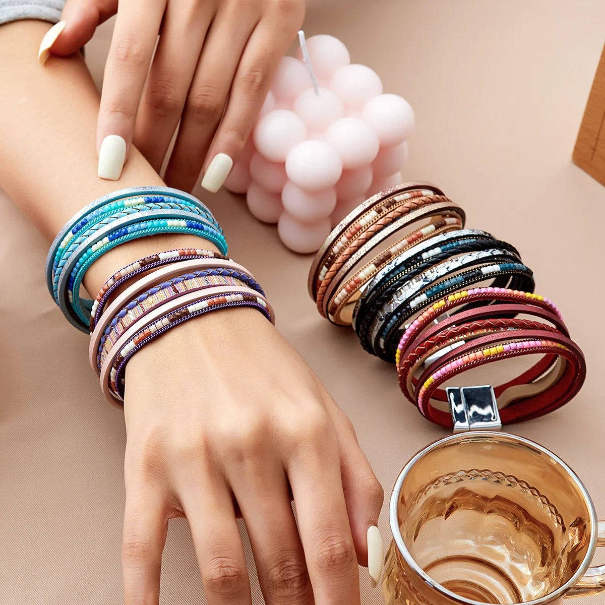 Multilayer Brown Leather Bracelet For Women Fashion Creative Bohemian Handmade Woven Magnetic Clasp Bracelet Jewelry Gift