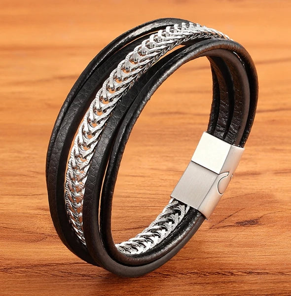 XQNI Stainless Steel Leather Bracelet For Mens Chain Charm Jewelry Magnetic Clasp Bangle for Dad Boyfriend Lover Birthday Gifts