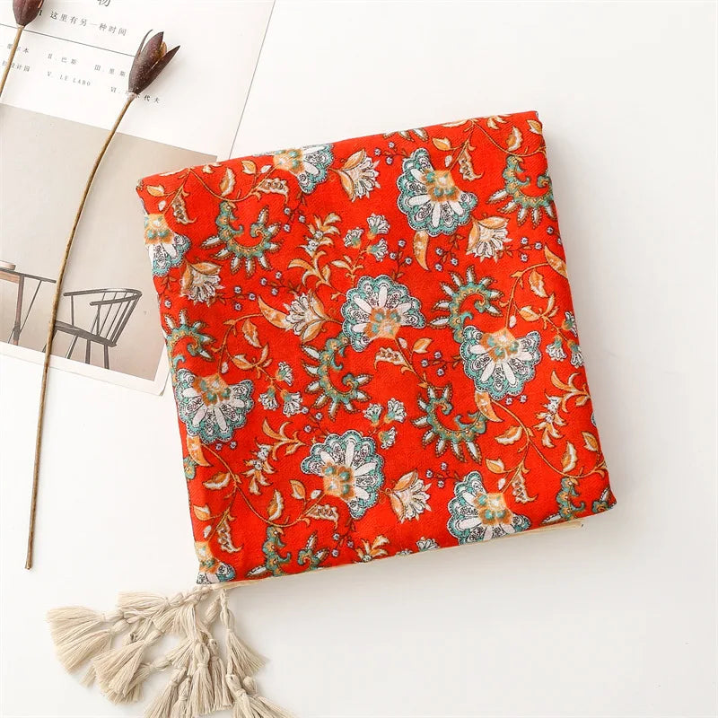 Travel Vacation Shawl Red Flower Retro Ethnic Style Scarf Cotton And Linen Clothing Accessories For Women