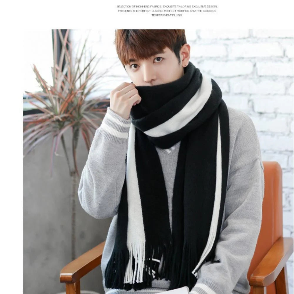 Simple Men's Scarf Autumn and Winter Warm Thickened Woolen Scarf Fashionable Versatile Neck Warm Neckerchief Striped Color Block