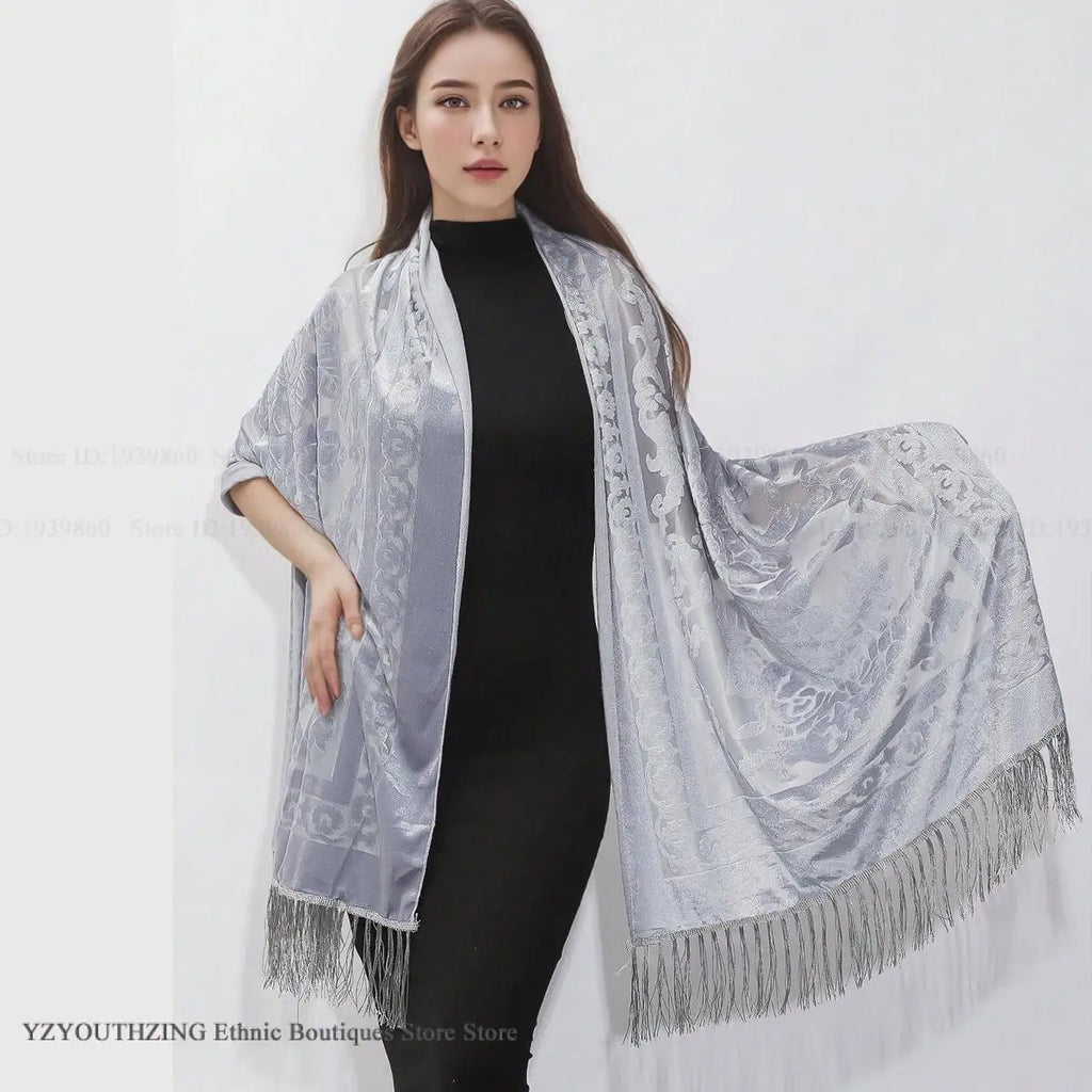 Women Velvet Scarf Shawl Female Long Jacquard Scarves Noble Shawl Autumn Spring Poncho Wrap Luxury Pashmina Tassel Cloak Bufanda