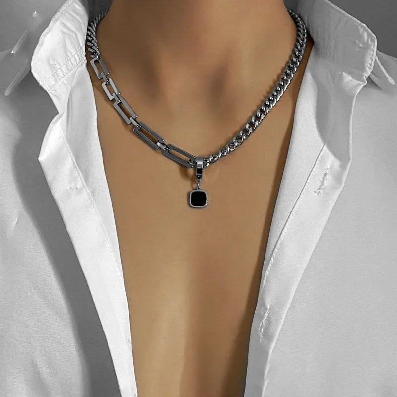 Black Beads with Square Pendant Necklace for Men Trendy Accessories on The Neck Collar 2025 Fashion Jewelry Male Decoration
