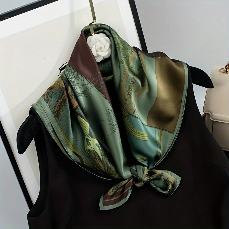 Women's Fashion Soft Satin Scarf Vintage Style Versatile Green Square Scarf Lightweight Shawl Windproof Sun Protection Hairbands