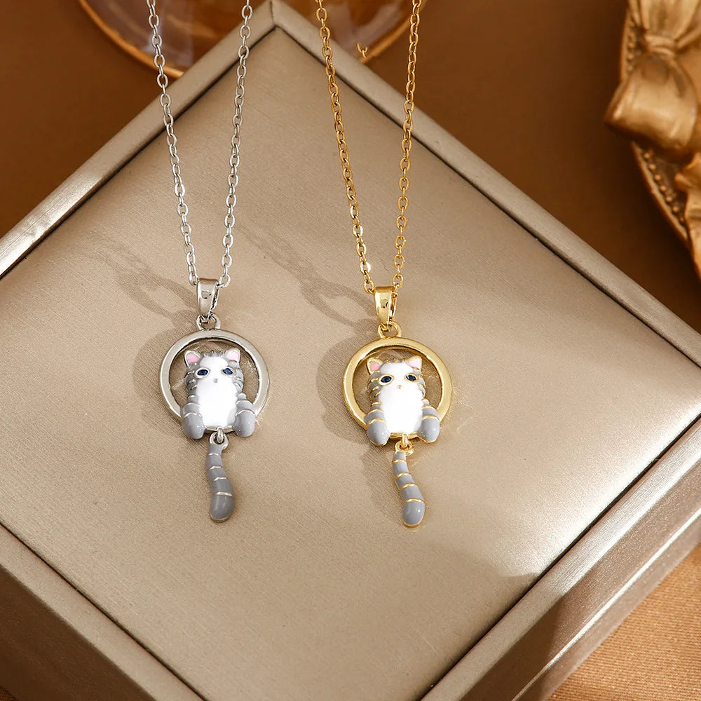 Cute Cat Necklace for Women - Unique Cat Pendant with Oil Drop Design - Fashionable and Personalized