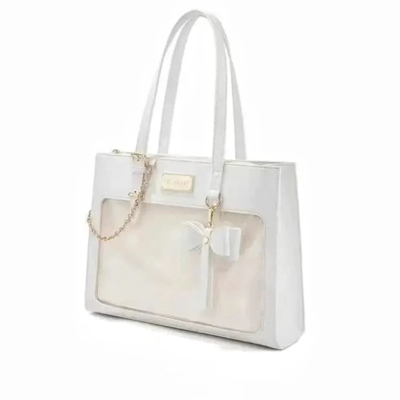 Women's Fashion Bow Ita Bag Fashion Tote Bag Sweet Girl Transparent Crossbody Bag Lolita Shoulder Bag DIY Display Badge Handbags