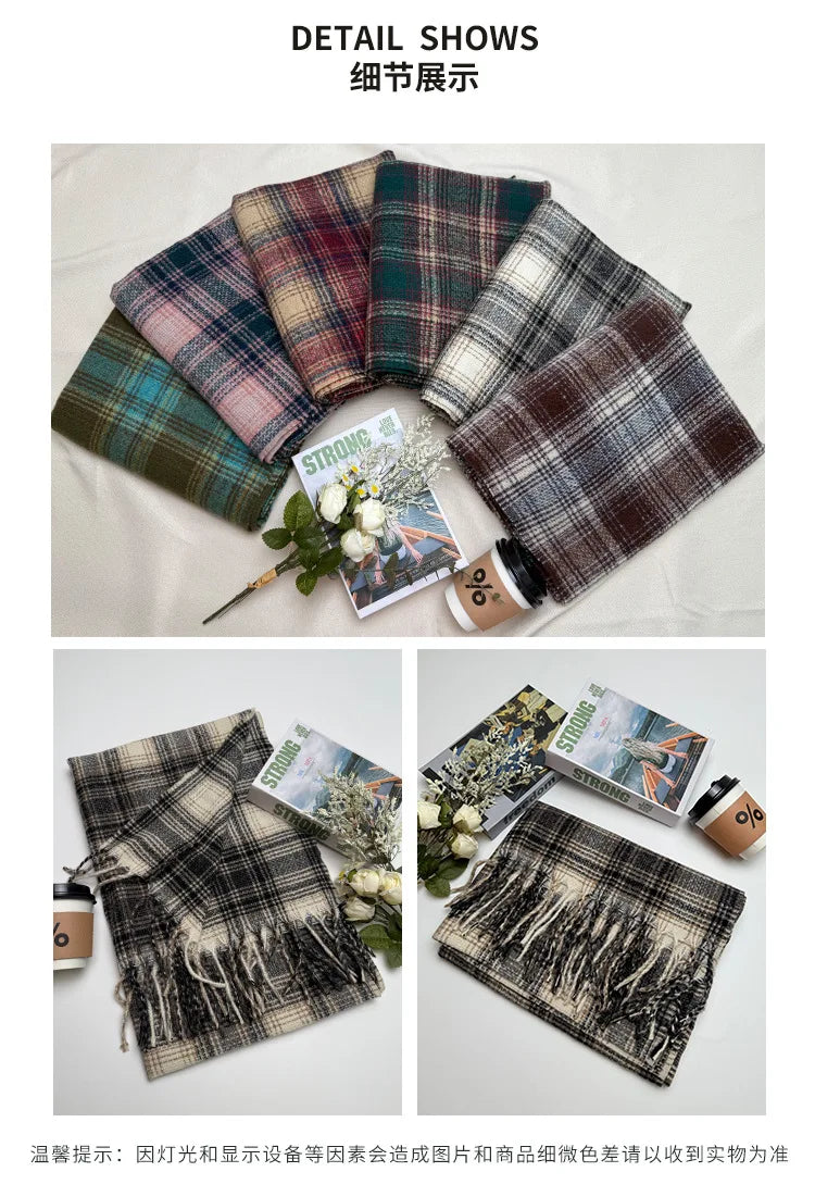 Women's Fashion Scarf New Sweet Style Sacrf Autumn Winter Checkered Scarf New Versatile Warm Couple's Scarf Shawl Korean Style