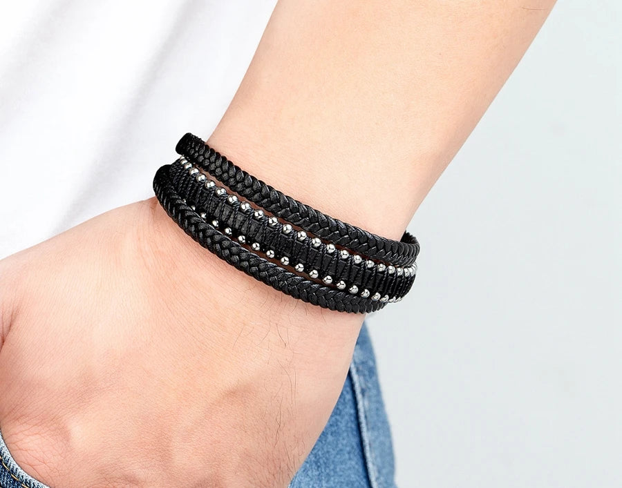 XQNI Stainless Steel Leather Bracelet For Mens Chain Charm Jewelry Magnetic Clasp Bangle for Dad Boyfriend Lover Birthday Gifts