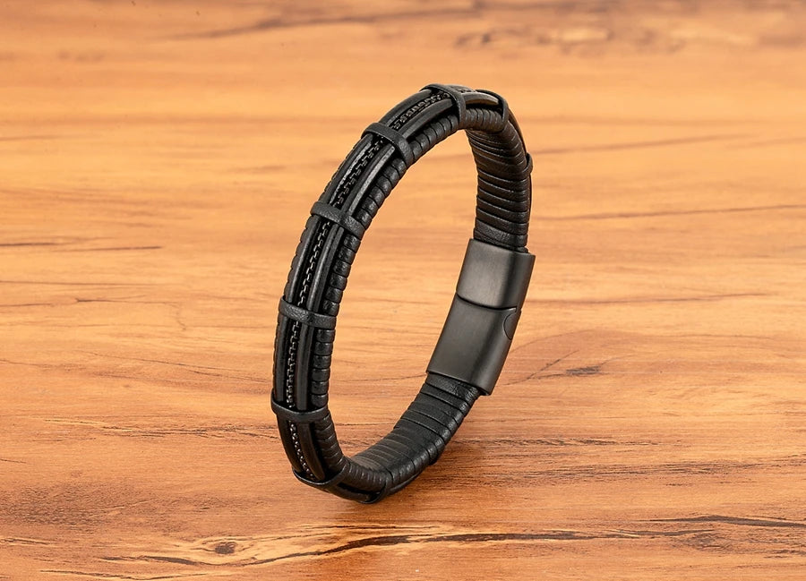 XQNI Stainless Steel Leather Bracelet For Mens Chain Charm Jewelry Magnetic Clasp Bangle for Dad Boyfriend Lover Birthday Gifts