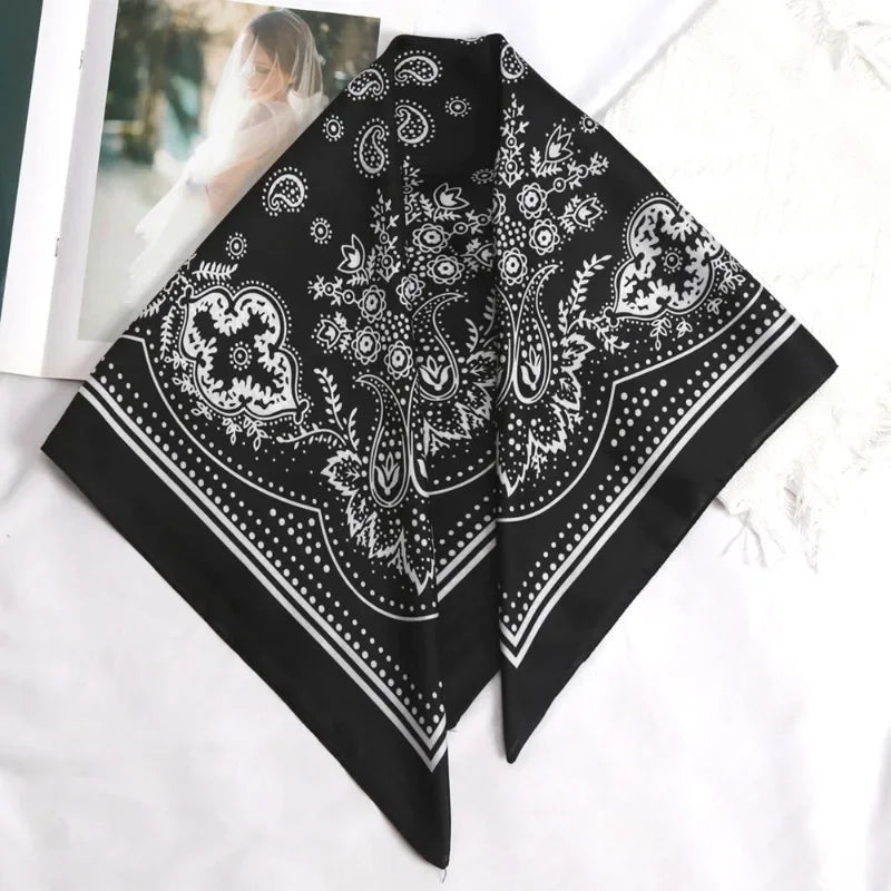 Women Scarf 70cm Black Hip Hop Bandana Kerchief Paisley Printed Hijab Headwear Wrist Hairwrap Square Scarves Print Handkerchief