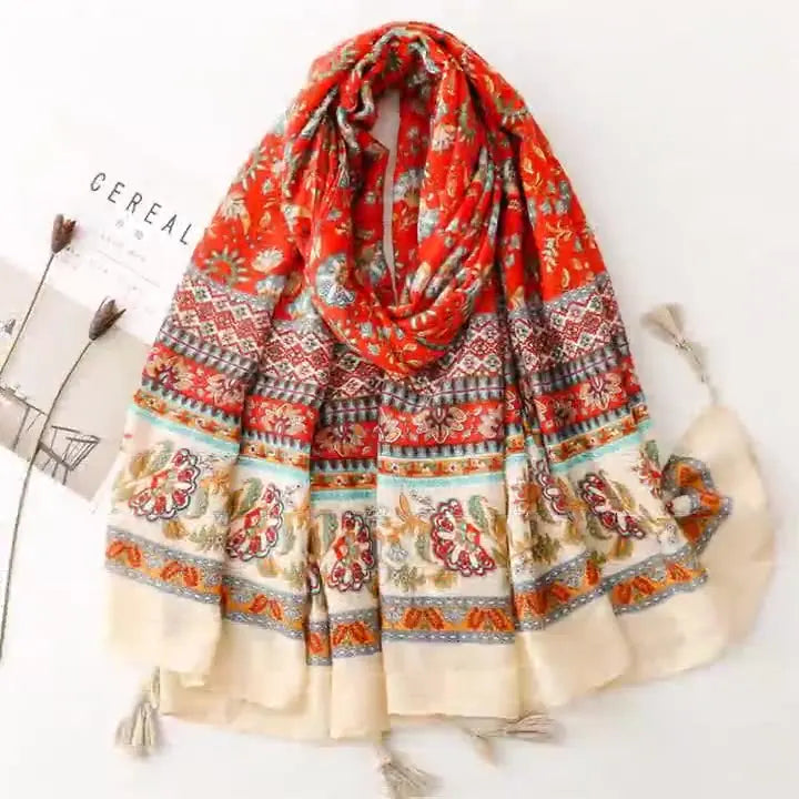 Travel Vacation Shawl Red Flower Retro Ethnic Style Scarf Cotton And Linen Clothing Accessories For Women