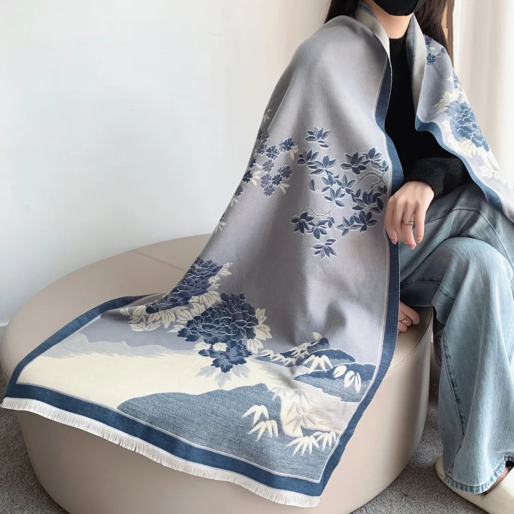 Air-conditioning Shawl for Women in Autumn and Winter Office Nap Knitted Blanket Imitation Cashmere Tassel Mid-length Warm Scarf
