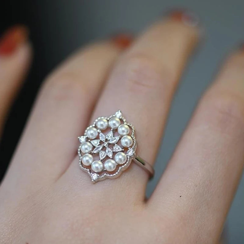 Vintage Fine Jewelry Daily Silver Jewelry Pearl rings for women luxury and exquisite temperament elegant gift adjusted