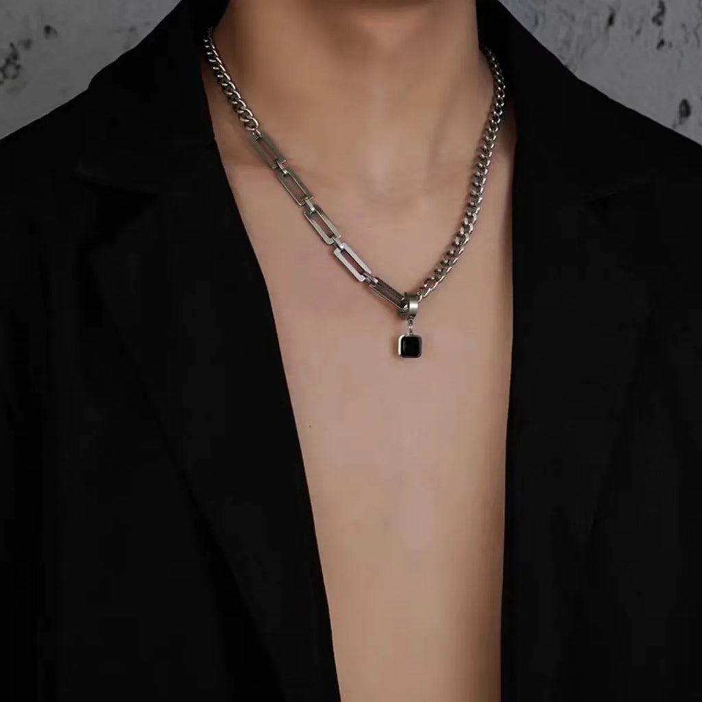 Black Beads with Square Pendant Necklace for Men Trendy Accessories on The Neck Collar 2025 Fashion Jewelry Male Decoration