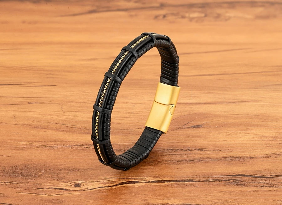 XQNI Stainless Steel Leather Bracelet For Mens Chain Charm Jewelry Magnetic Clasp Bangle for Dad Boyfriend Lover Birthday Gifts