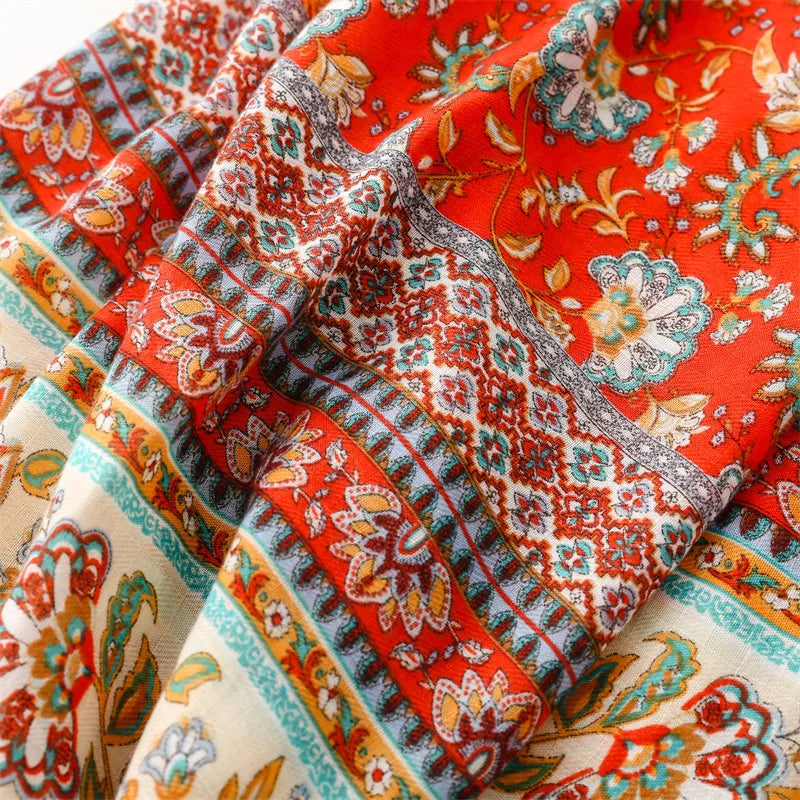 Travel Vacation Shawl Red Flower Retro Ethnic Style Scarf Cotton And Linen Clothing Accessories For Women