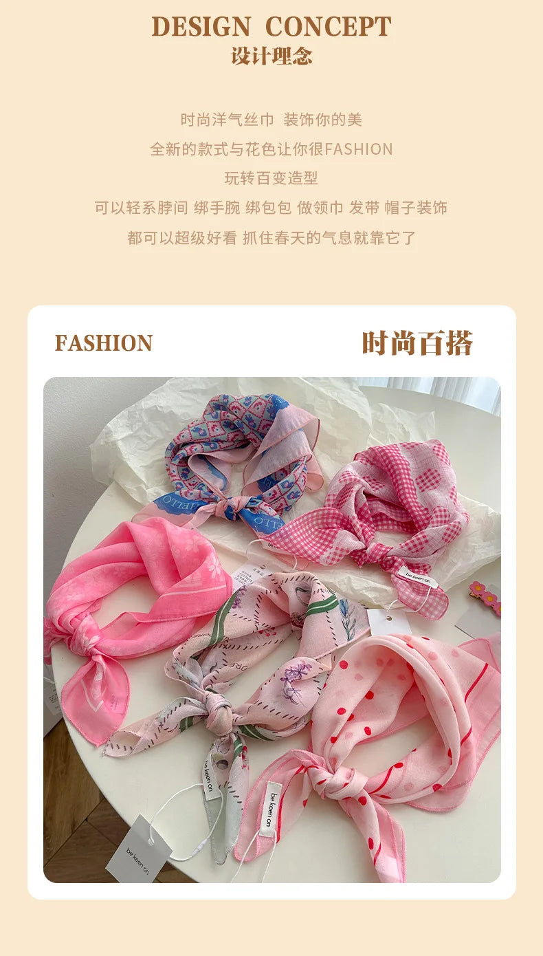 Women's Silk Scarf Fresh Breathable Soft Artistic Decorative Small Silk Scarf Retro Versatile Floral Cotton Linen Square Scarf