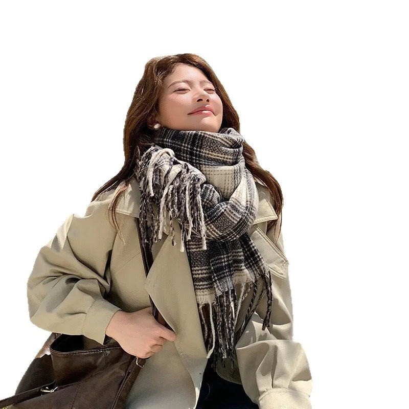Women's Fashion Scarf New Sweet Style Sacrf Autumn Winter Checkered Scarf New Versatile Warm Couple's Scarf Shawl Korean Style