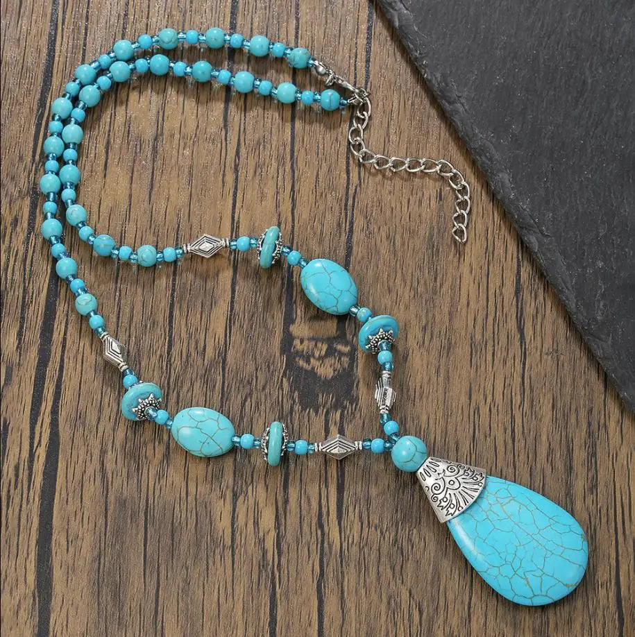 Available Necklace for Women Natural Turquoise Beaded Jewelry Double Teardrop Pendant Turquoise Beautiful Elegant Necklace