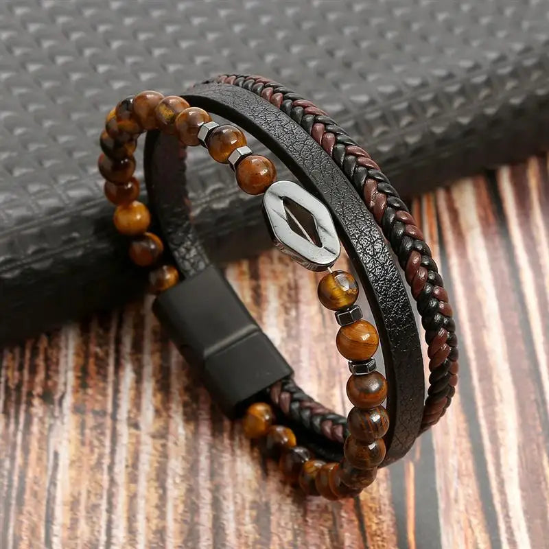 Classic Hand-Woven Leather Bracelet 19/21/23cm Multilayer Leather Men Bracelets Punk Bangle for Friend Charm Jewelry Gifts