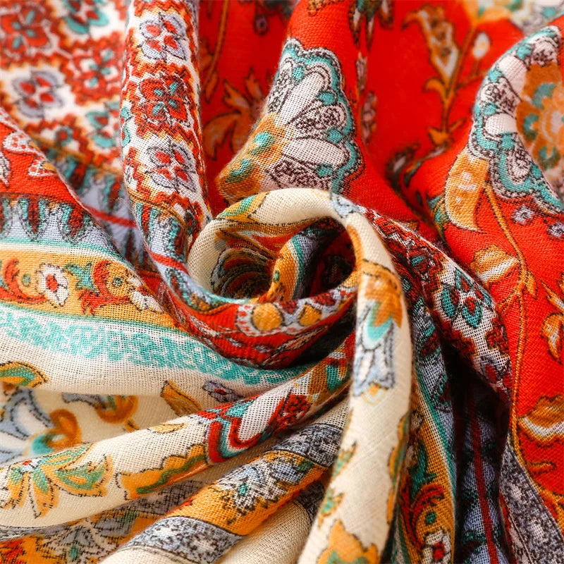 Travel Vacation Shawl Red Flower Retro Ethnic Style Scarf Cotton And Linen Clothing Accessories For Women