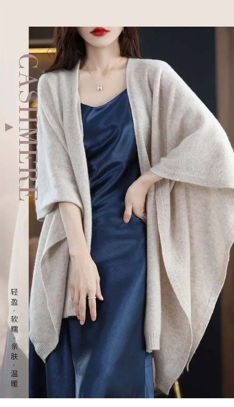 Shawl Cape Sweater Cardigan Women's 2024 Spring and Autumn New Style Outerwear Loose Knit Sweater Jacket Medium Long Style