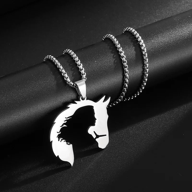 men's Necklace Hollowed Out Horsehead And Girl Pendant hip-hop Silver Color Stainless Steel Chain Personality Rock Jewelry Gifts