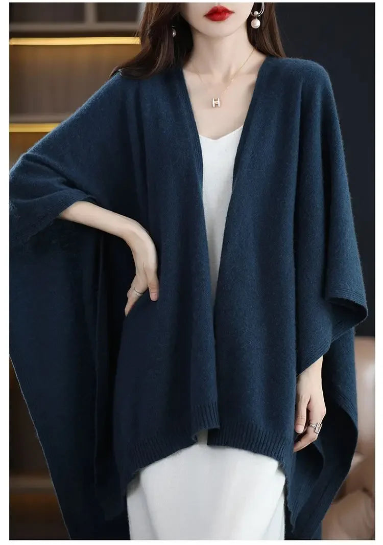 Shawl Cape Sweater Cardigan Women's 2024 Spring and Autumn New Style Outerwear Loose Knit Sweater Jacket Medium Long Style