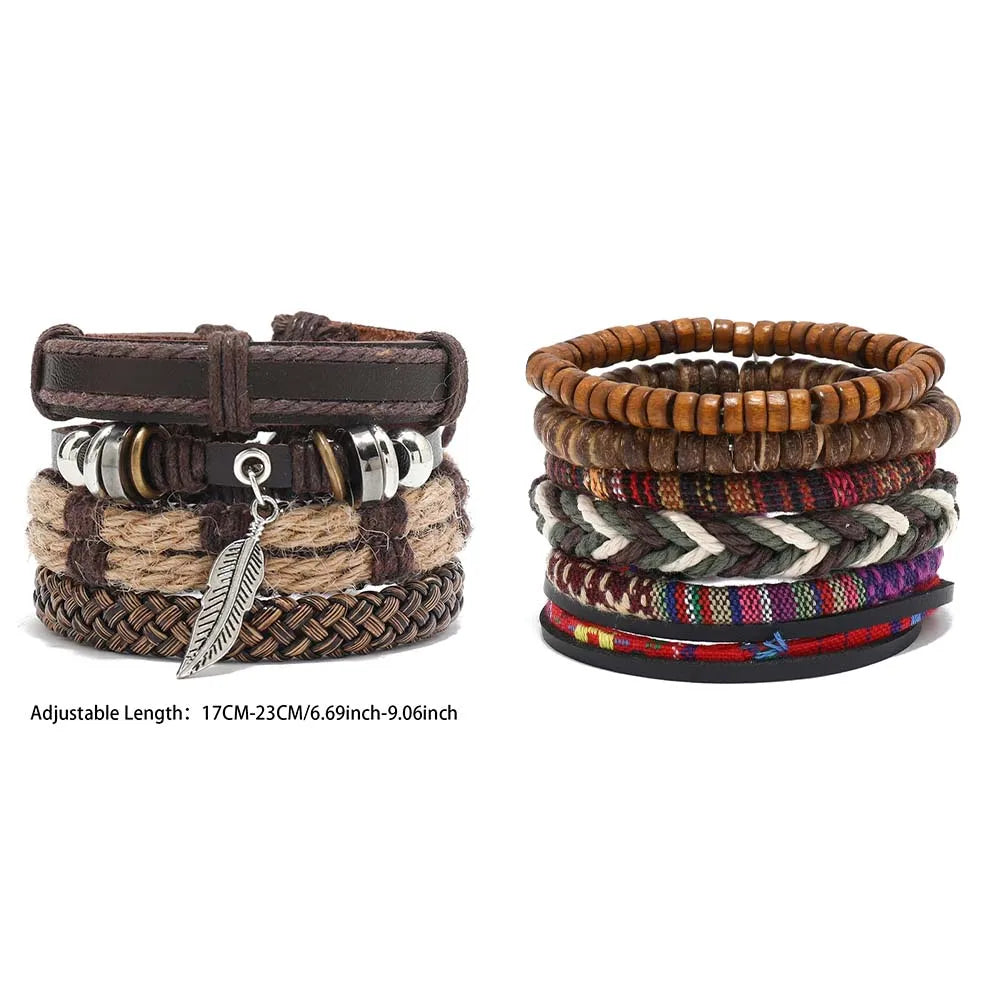 Bohemian Leather Bracelet Men Hand-woven Bracelet Men's Wooden Bead Bracelet Bracelet for Men Charm Bracelet Mens Jewellery