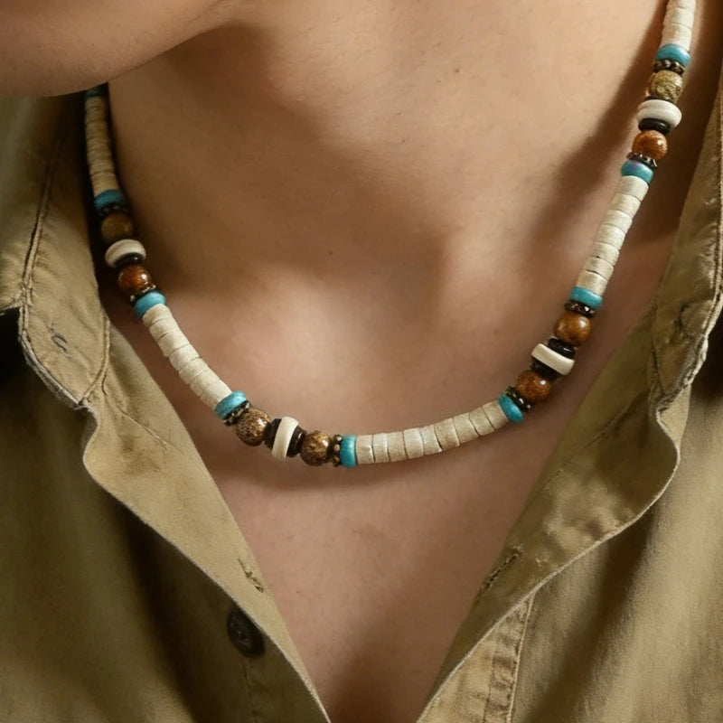 Natural Wood Beaded Short Choker Necklace for Men Trendy Small Beads Collar 2024 Fashion Jewelry on Neck Accessories Male Gift