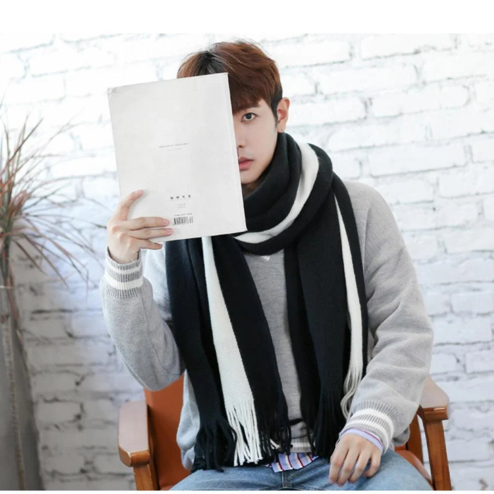 Simple Men's Scarf Autumn and Winter Warm Thickened Woolen Scarf Fashionable Versatile Neck Warm Neckerchief Striped Color Block