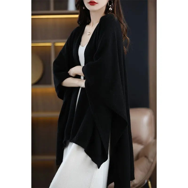 Shawl Cape Sweater Cardigan Women's 2024 Spring and Autumn New Style Outerwear Loose Knit Sweater Jacket Medium Long Style