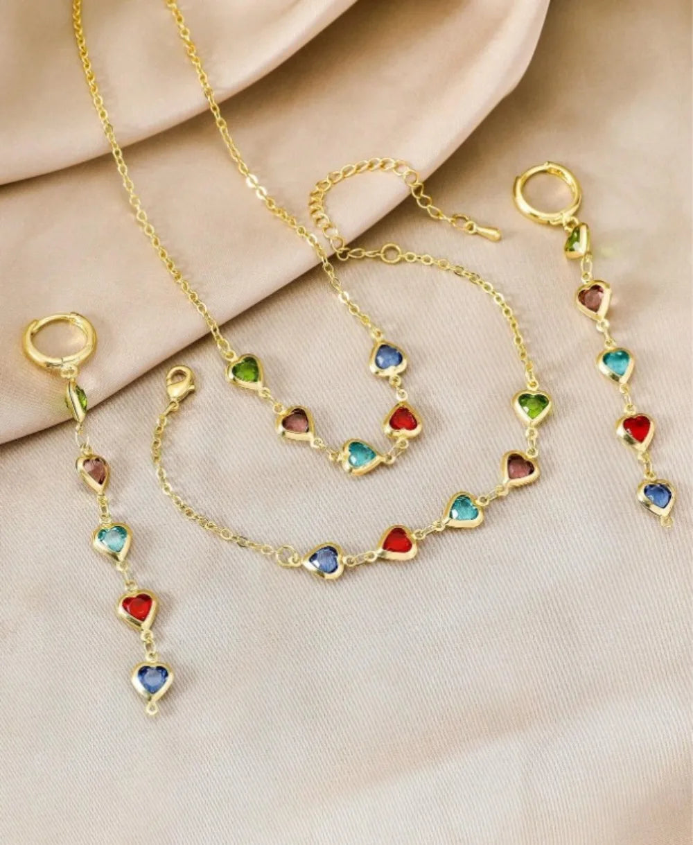 3Pcs Jewellery Set Elegant Colorful Crystal Heart Necklaces Bracelets Earrings for Women Party Wedding Girl Wrist Jewelry Gift