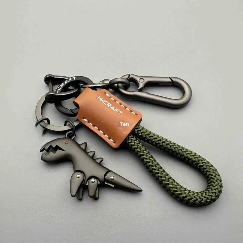 Motorcycle Decoration Accessories Little Dinosaur Car Keychain Single Leather Woven Rope Metal Keychain Handbag Pendant