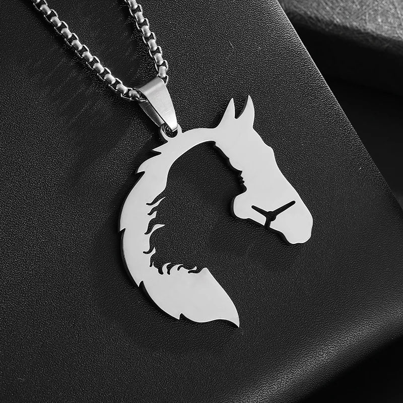 men's Necklace Hollowed Out Horsehead And Girl Pendant hip-hop Silver Color Stainless Steel Chain Personality Rock Jewelry Gifts