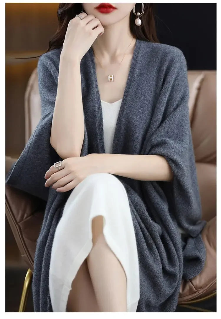 Shawl Cape Sweater Cardigan Women's 2024 Spring and Autumn New Style Outerwear Loose Knit Sweater Jacket Medium Long Style