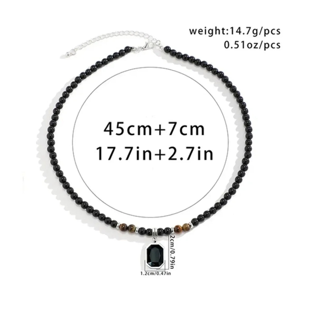 Black Beads with Square Pendant Necklace for Men Trendy Accessories on The Neck Collar 2025 Fashion Jewelry Male Decoration