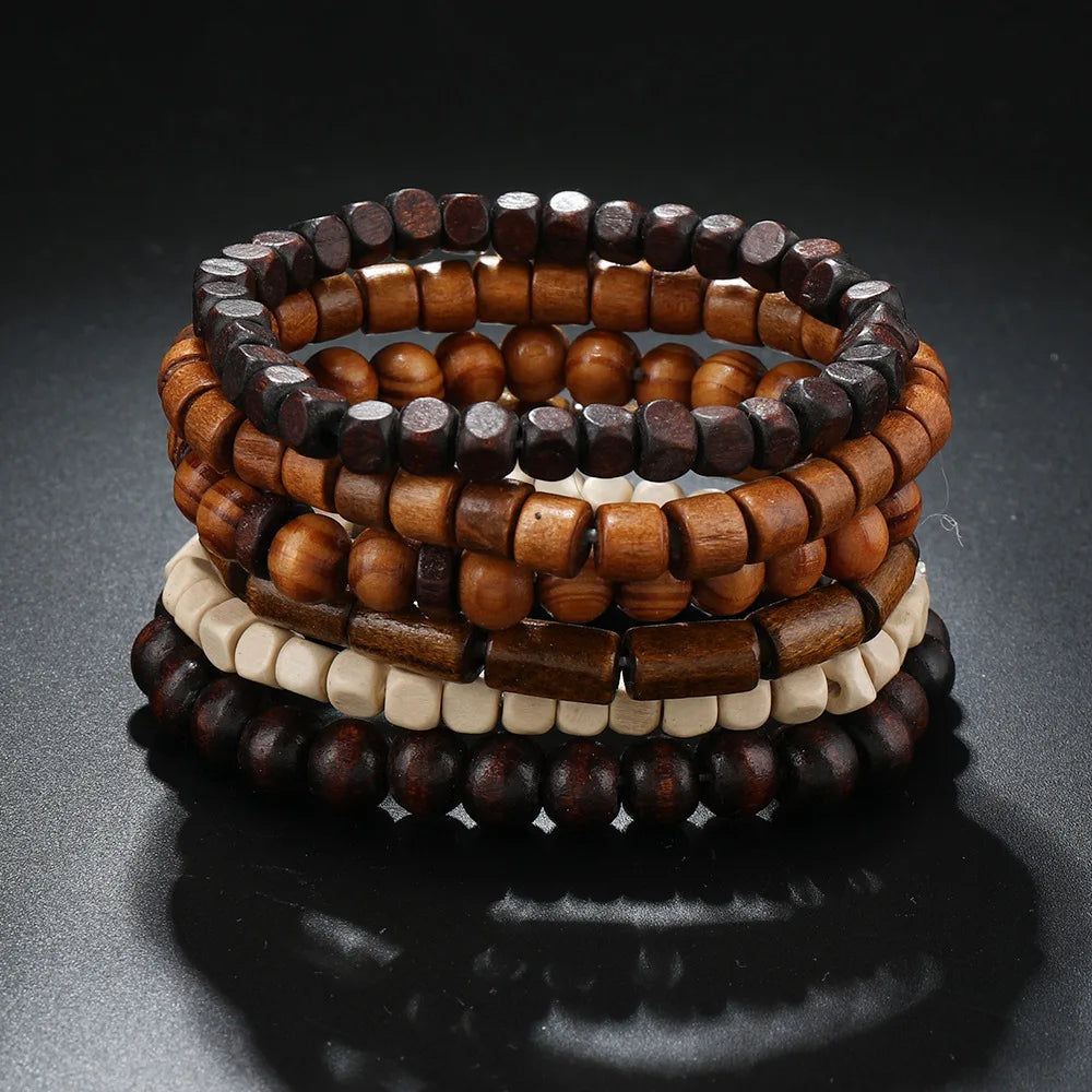 Men Retro Folk Style Jewelry Design Diverse Multi-color Multi-layer Suit Wooden Beads Elastic Bracelet  Jewelry For Men