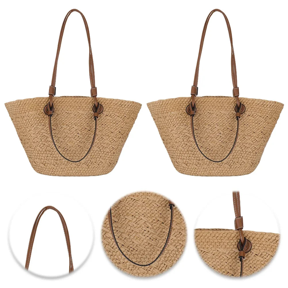 Women Woven Tote Bag Fashion Shoulder Bag Large Capacity Summer Beach Bags Simple Woven Handbag Chic Hobo Bag for Outdoor Travel