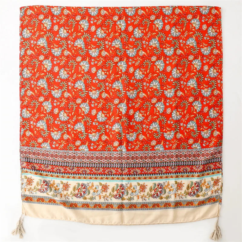 Travel Vacation Shawl Red Flower Retro Ethnic Style Scarf Cotton And Linen Clothing Accessories For Women