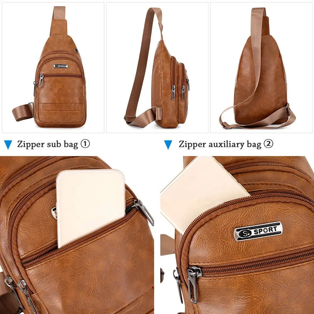 Fashion Men Bags Leather Chest Shoulder Crossbody Bag Zipper Pack Sling Shoulder Bag Outdoor Travel Bags