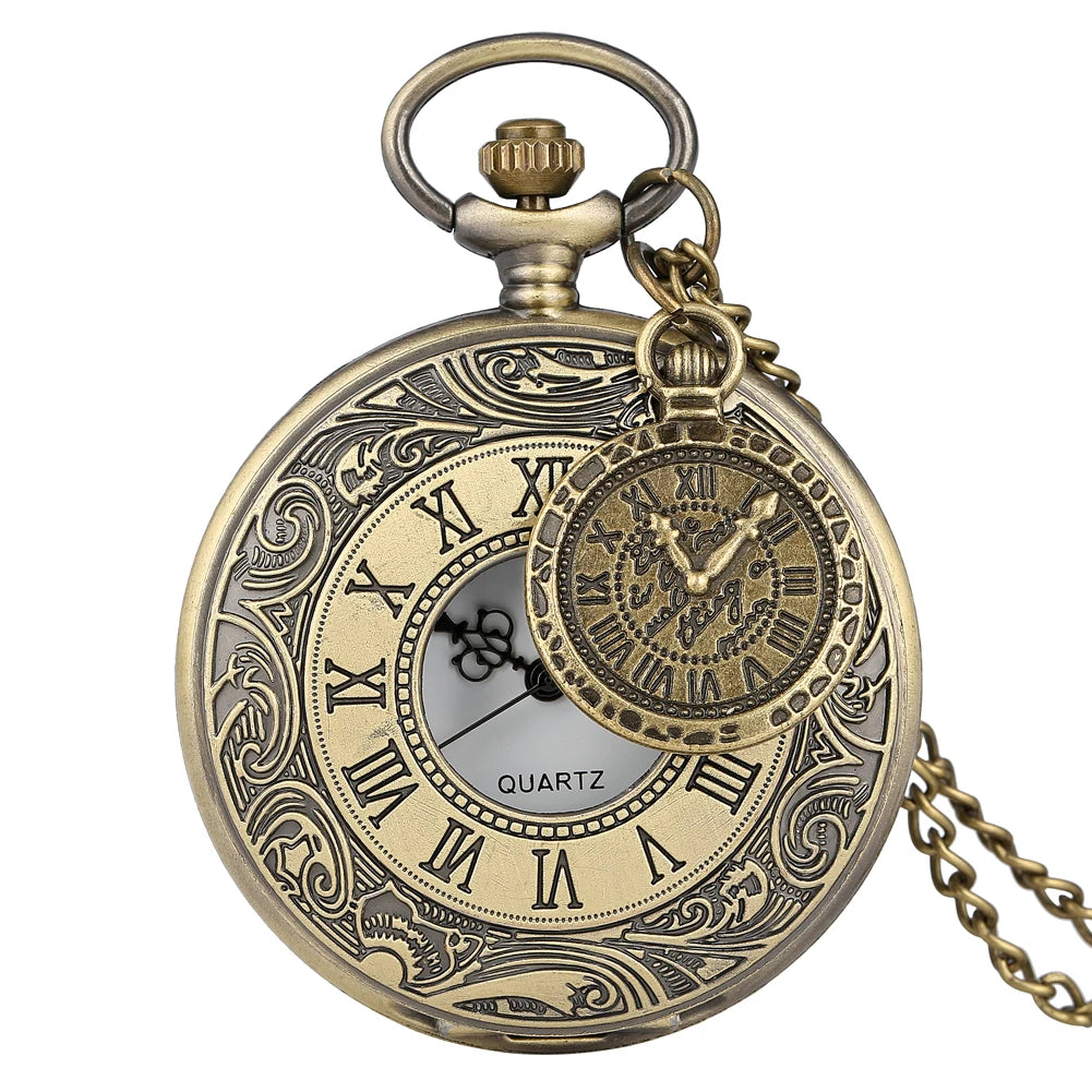 Charm Bronze Quartz Necklace Watch Men Women Roman Numerals Pendant Accessory Vintage Fashion Antique Pocket Clock Gifts