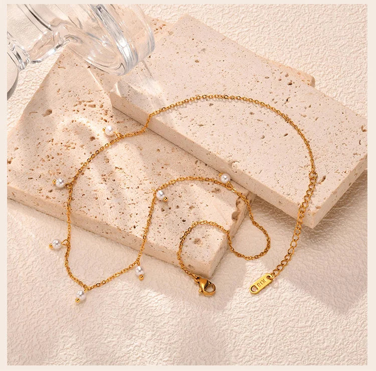 Pearl Choker Necklace for Women, 18K Gold Plated Stainless Steel Chain Necklace Adjustable, Everyday Jewelry Gift