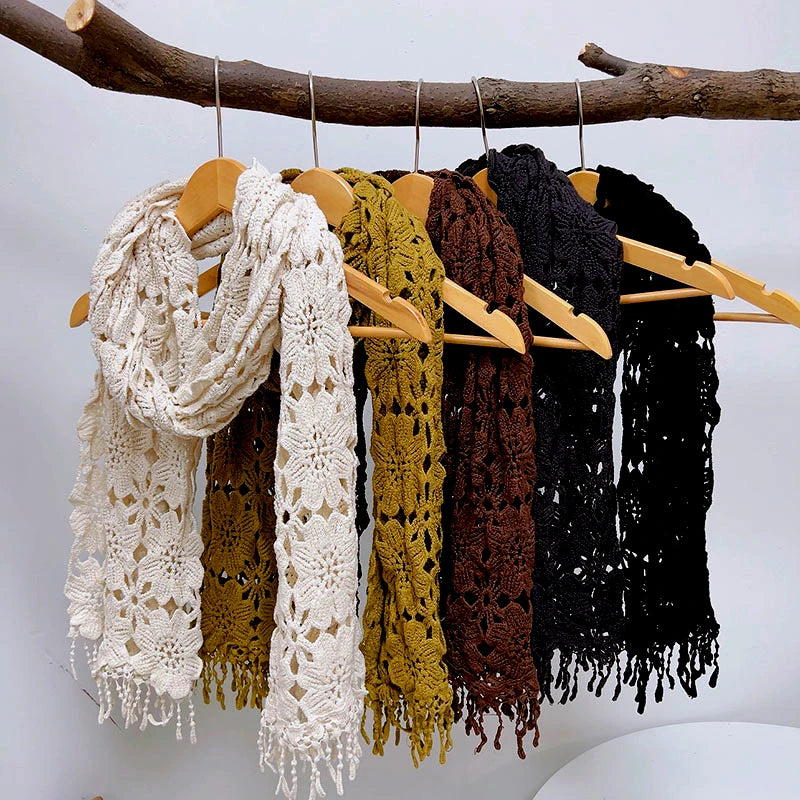 Lace Crocheted Knitted Shawl Women Fashion Ivory Solid Cotton Lace Scarf 40*190cm