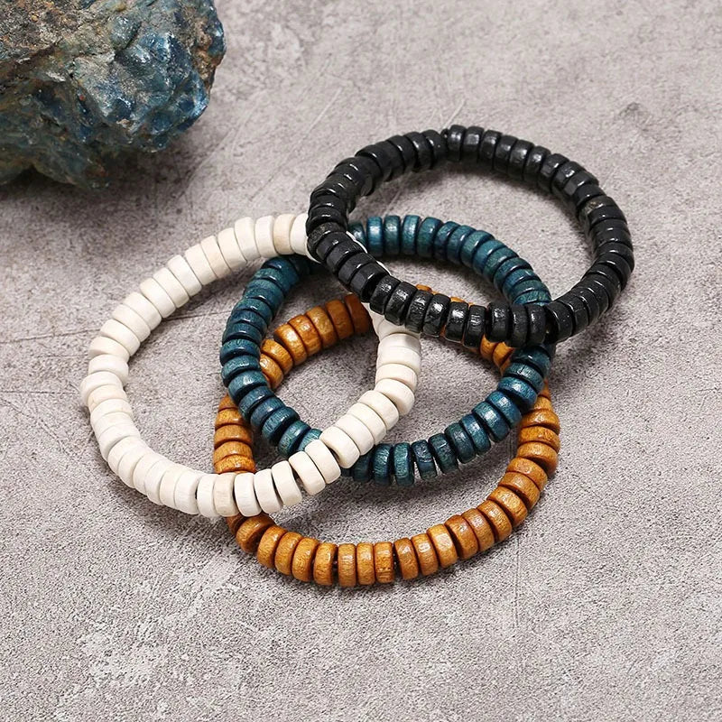 Wooden Beaded Elastic Bracelets & Bangles for Men and Women Vintage Jewelry Wrist Accessories Small Gifts Black Brown Beige Blue