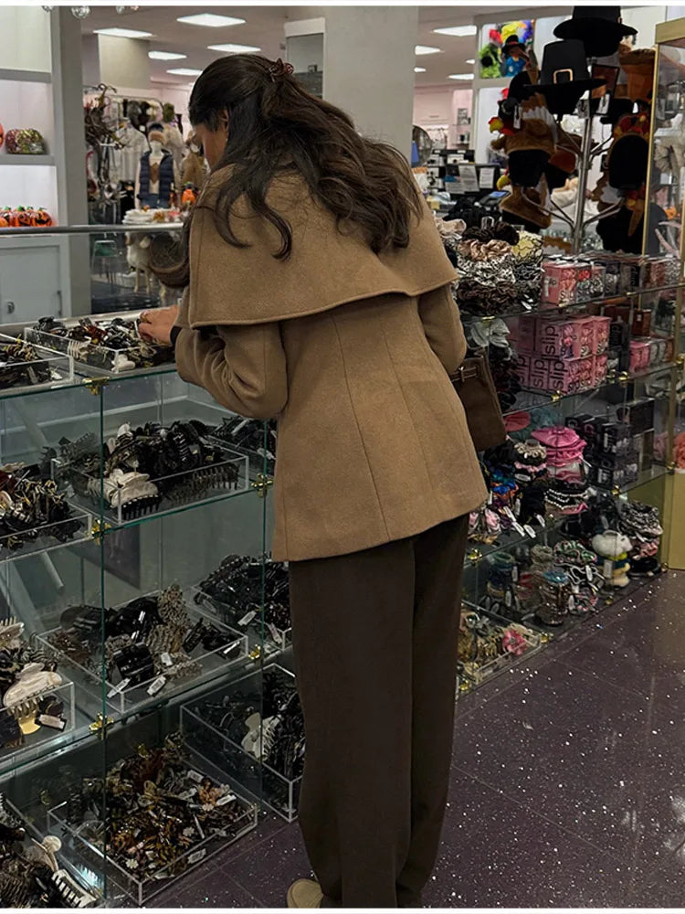 Zaza Chic Shawl Woolen Jacket For Women Long Sleeve Single Breasted Lapel Cape Coat 2025 New Lady Autumn Winter Outwears