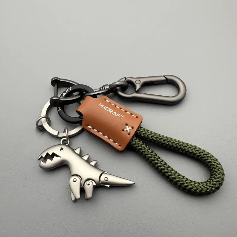 Motorcycle Decoration Accessories Little Dinosaur Car Keychain Single Leather Woven Rope Metal Keychain Handbag Pendant