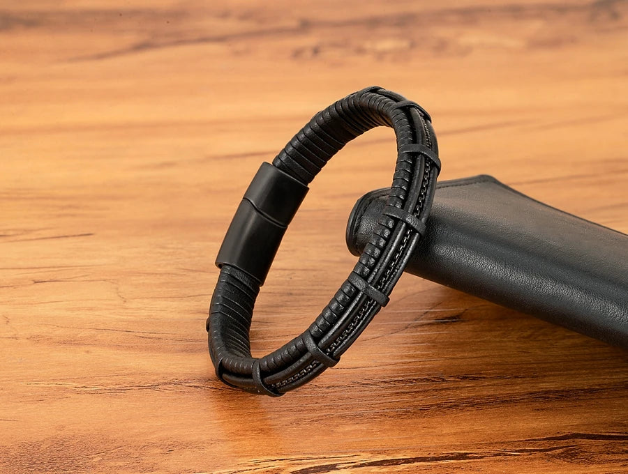 XQNI Stainless Steel Leather Bracelet For Mens Chain Charm Jewelry Magnetic Clasp Bangle for Dad Boyfriend Lover Birthday Gifts